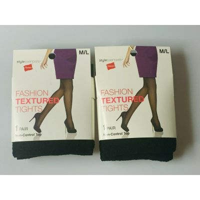 2X Hanes Fashion Textured Diamond Dot Tights, M/L, Non-Control Top, Black